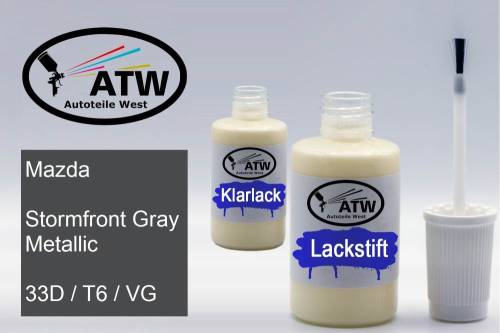 Mazda, Stormfront Gray Metallic, 33D / T6 / VG: 20ml Lackstift + 20ml Klarlack - Set, von ATW Autoteile West.